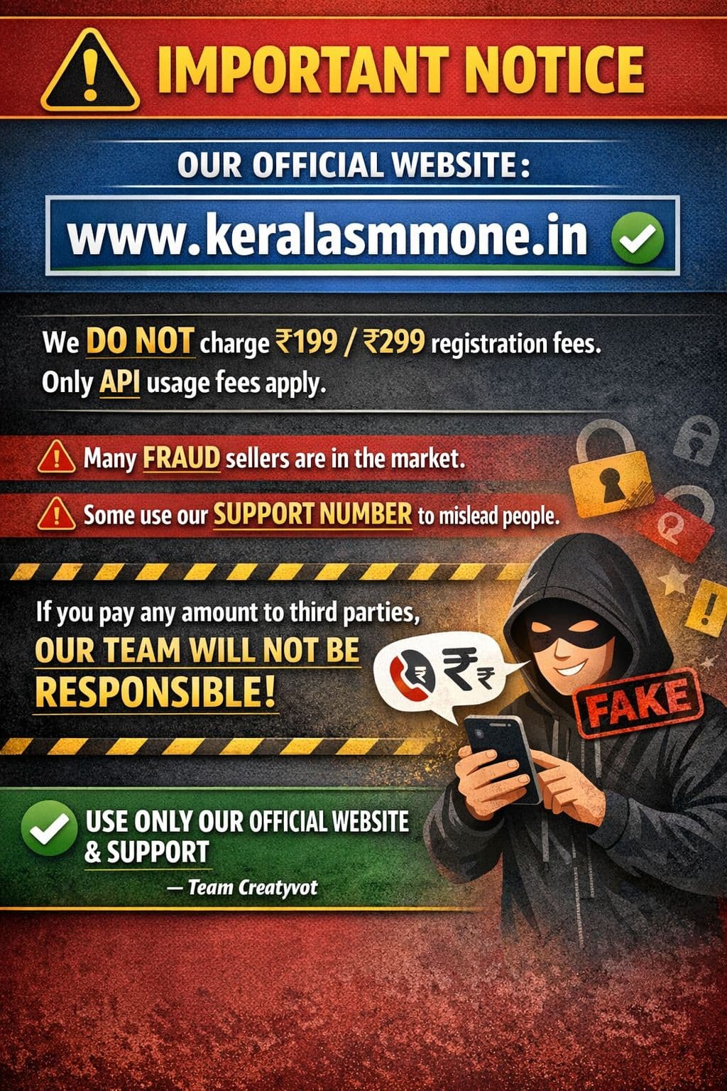 Fraud and fake awareness - do not pay to unauthorised UPI or third parties. Use only official website and support.